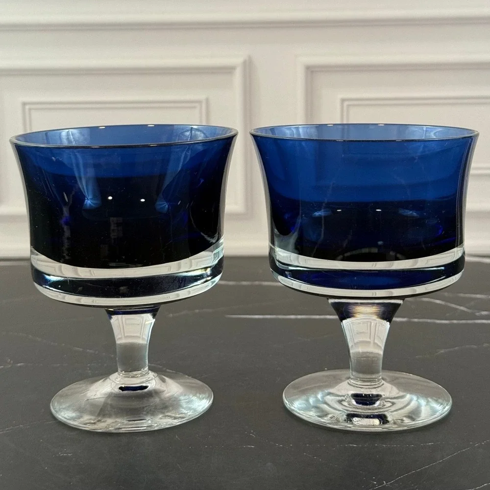 VTG PAIR (2) Denby Mirage Blue MCM Coupe Champagne Sherbet Glasses 4in